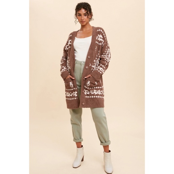 SOLD OUT Taupe Tribal Knit Soft Western Popcorn Textured Button Up Cardigan - Picture 6 of 6